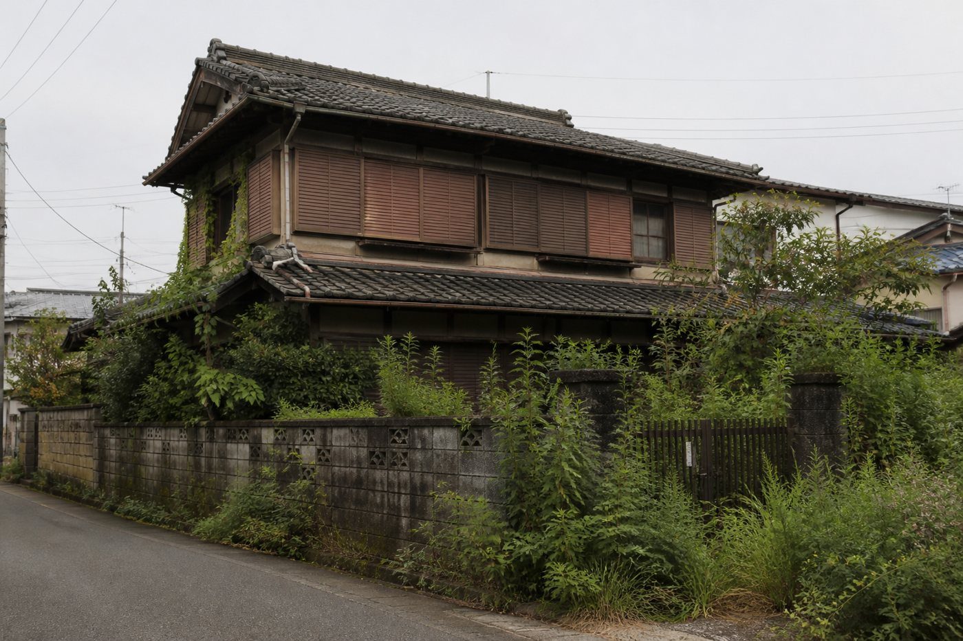 雨戸を閉めたまま庭木が伸びた木造2階建ての空き家